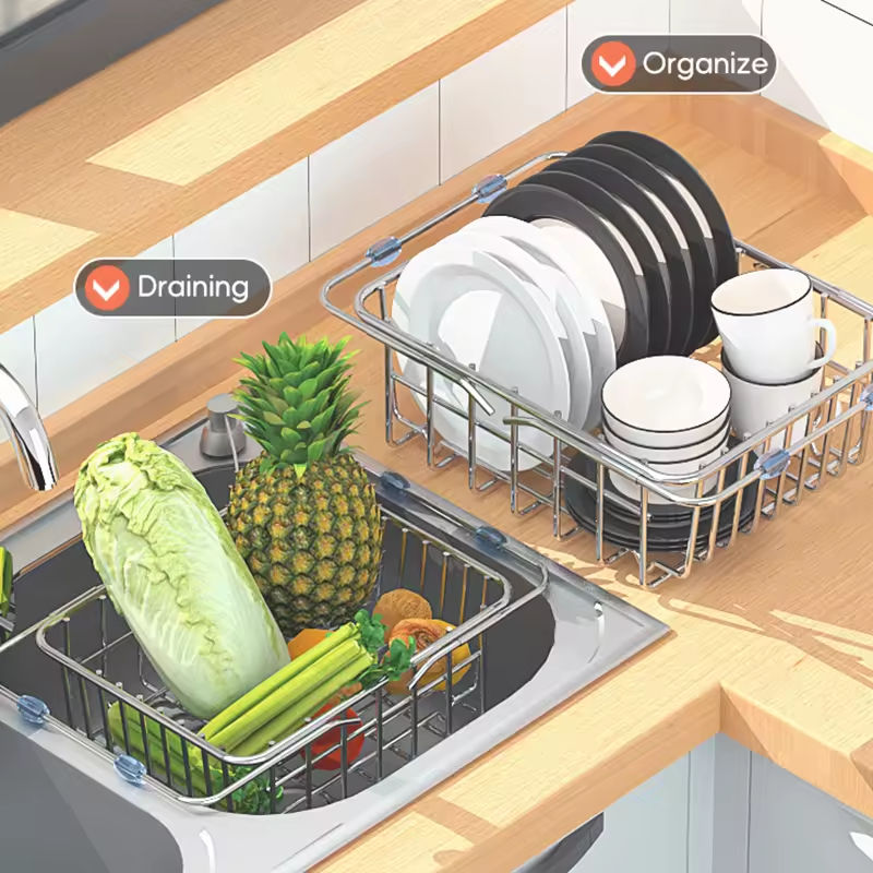 Expandable Stainless Steel Kitchen Dish Plate Basket Metal Wire Dish Rack Drainage Basket