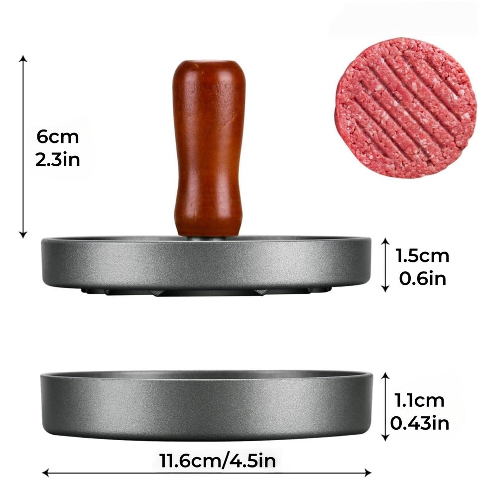 Aluminum Alloy Burger Press with Heat-Resistant Handle Hamburger Tool for BBQ Grill Plate Wooden Anti-Stick Meat Press