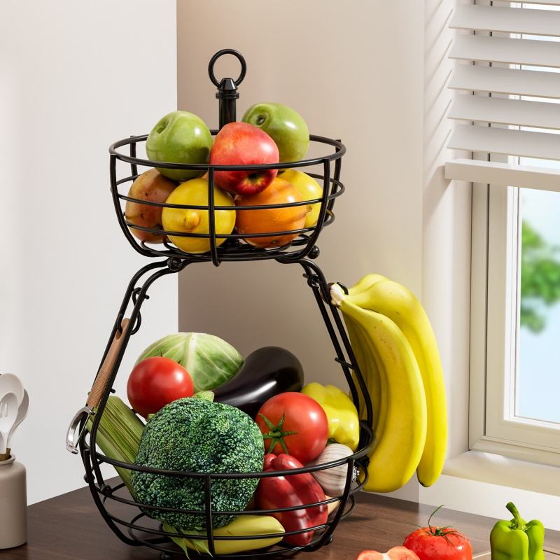 2 Tier Kitchen Metal Fruit Basket Portable Metal Storage Rack Removable Multi-layered Fruit Holder Kitchen Fruit Rack
