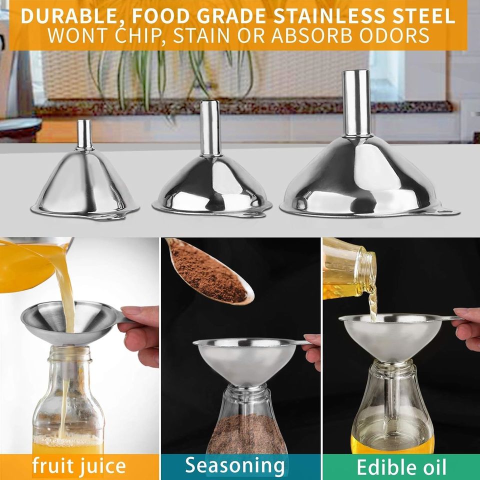 Stainless Steel Kitchen Metal Bottle for Drinks, Protein Powder, Additives - Pour Oil, Beer, Wine - Utensil Funnel Set