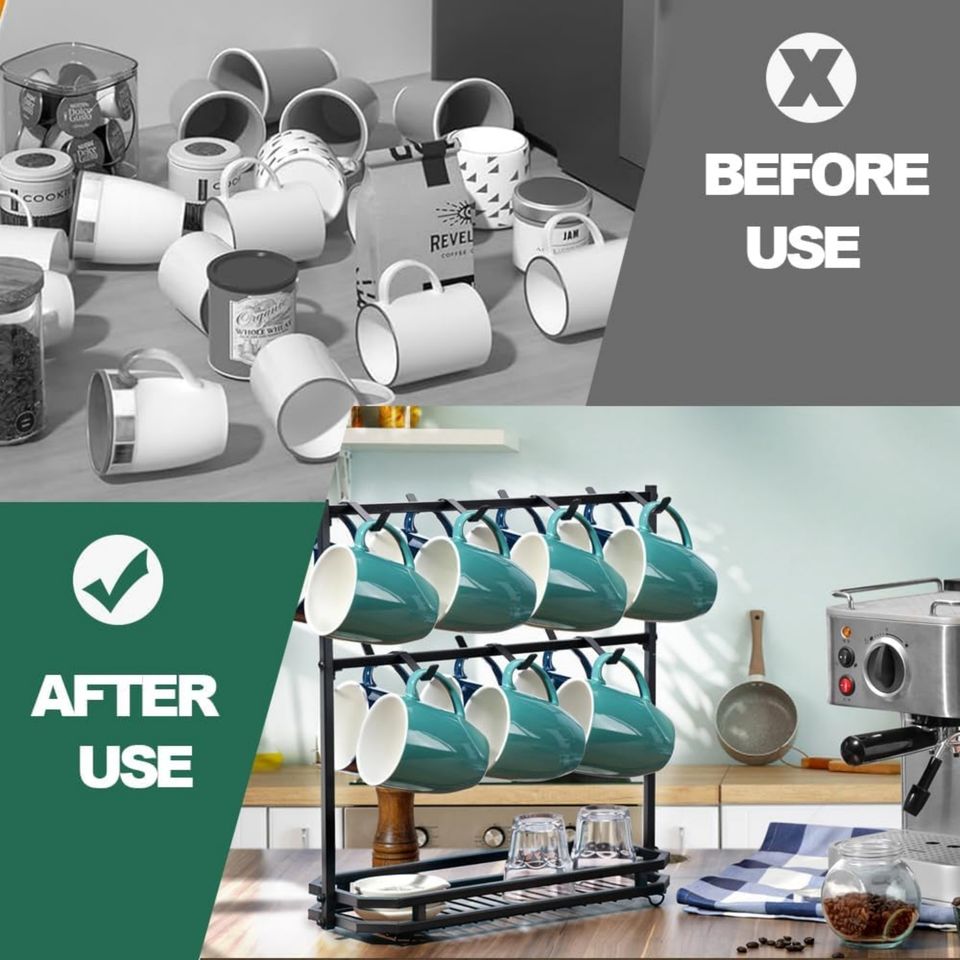 2-Tier Wall Organizer Cabinets in Polished Stainless Steel Large Coffee Cup Display Stand Storage Box for Kitchen Pots