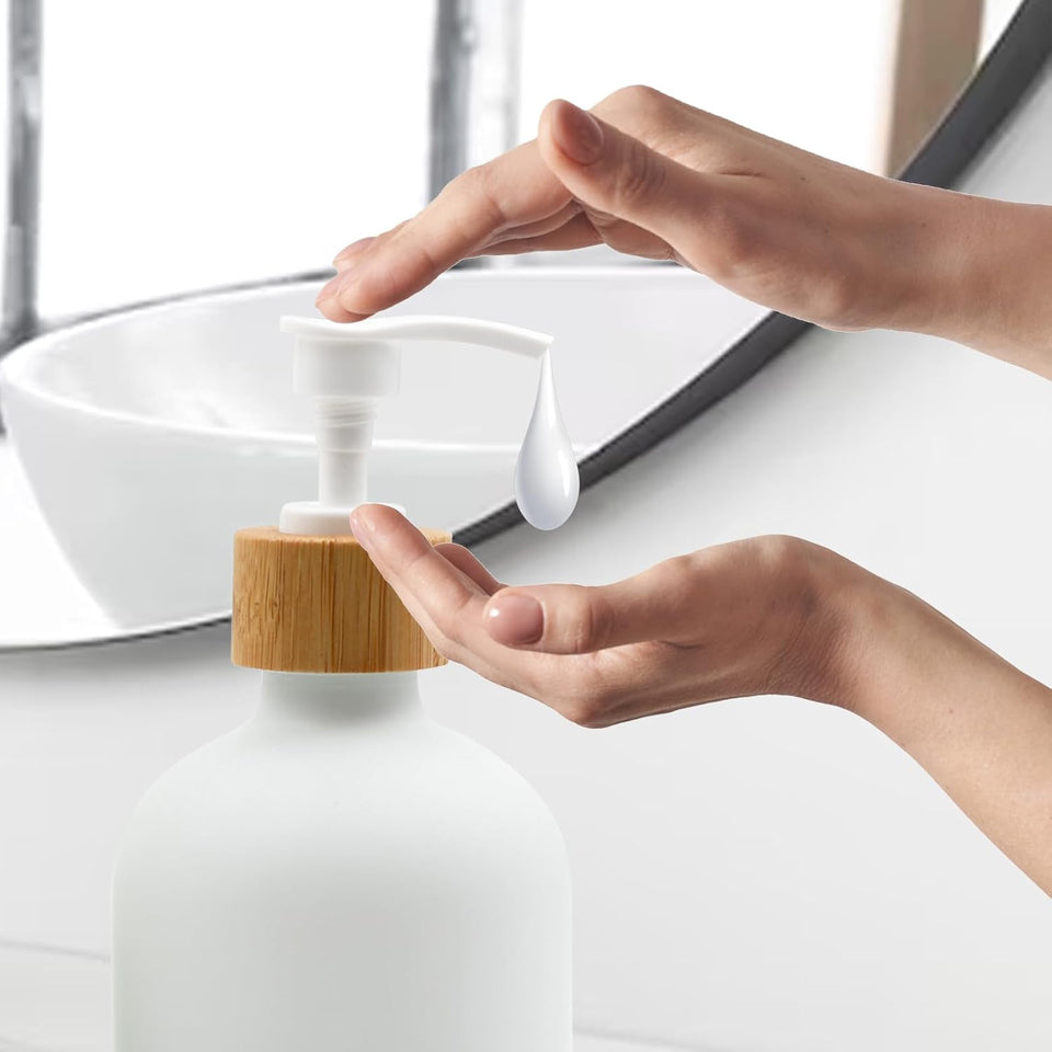 Modern Glass Soap Dispenser with Wooden Base, Hand Pump for Kitchen/Bathroom Countertop Design