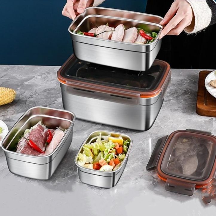Stainless Steel Food Container Set with Transparent Lid, Versatile Storage for Fruits/Vegetables/Meats