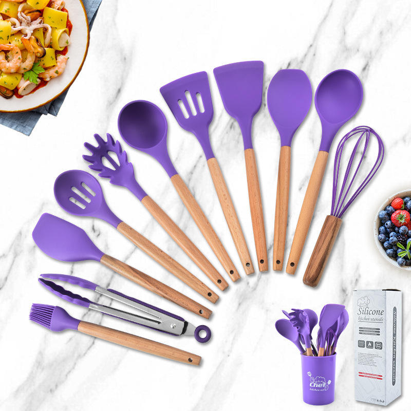 High-Quality 12-Piece Silicone Kitchen Utensil Set with Wooden Handle - Non-Stick Spoon, Ladle, Spatula, Tongs Kitchen Tool