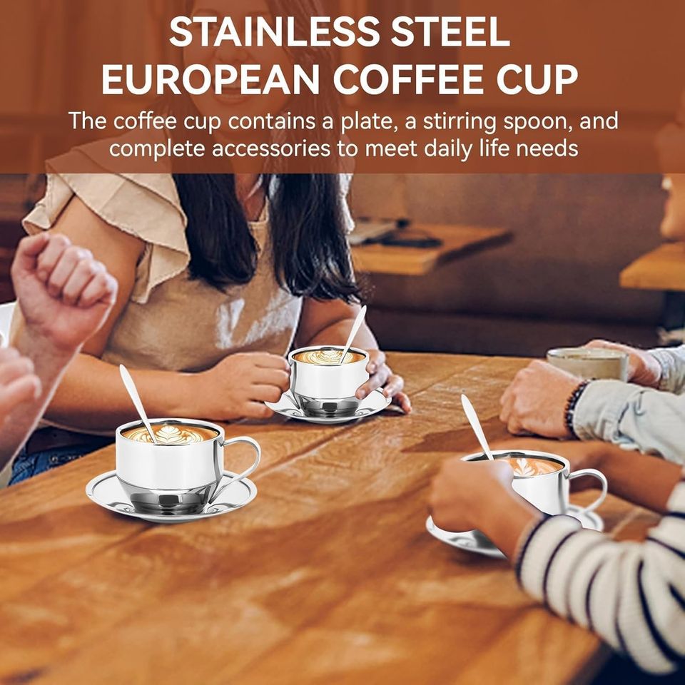 Modern Stainless Steel Espresso Cup Set with Durable Cup and Spoon