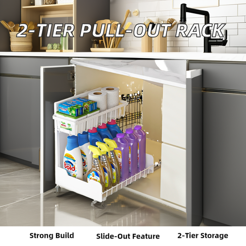 2-Tier Non-Perforated Metal Spice Rack Organizer Stand Storage Box for Kitchen Bathroom Pull-Out Spice Storage