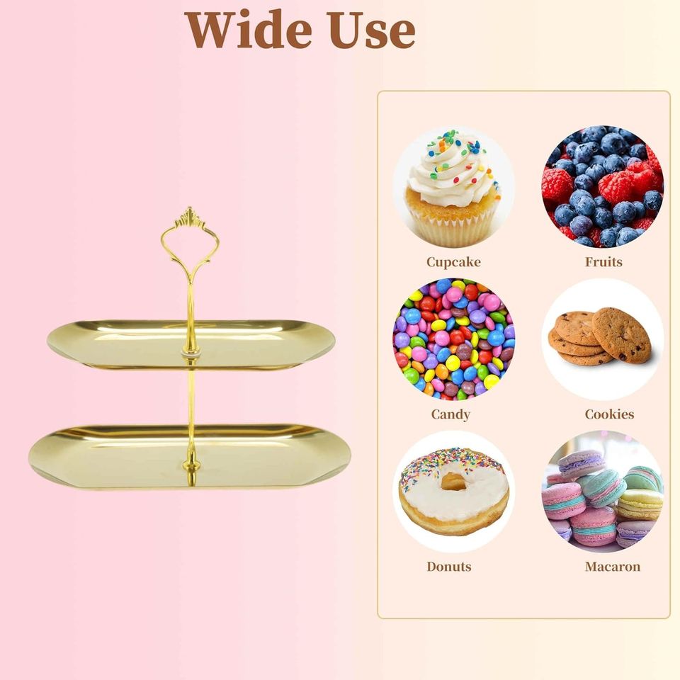 Luxurious Stainless Steel 2-Tier Oval Cake Stand for Home and Hotel
