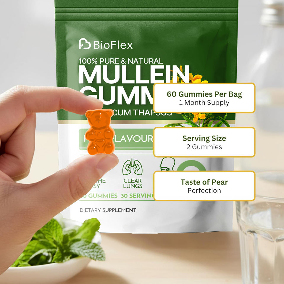 Bioflex 60 Count Bear Gummies Mullein Leaf Extract Dietary Supplement Sugar-Free Mullein Gummies for Lung Cleansing and Immune Support