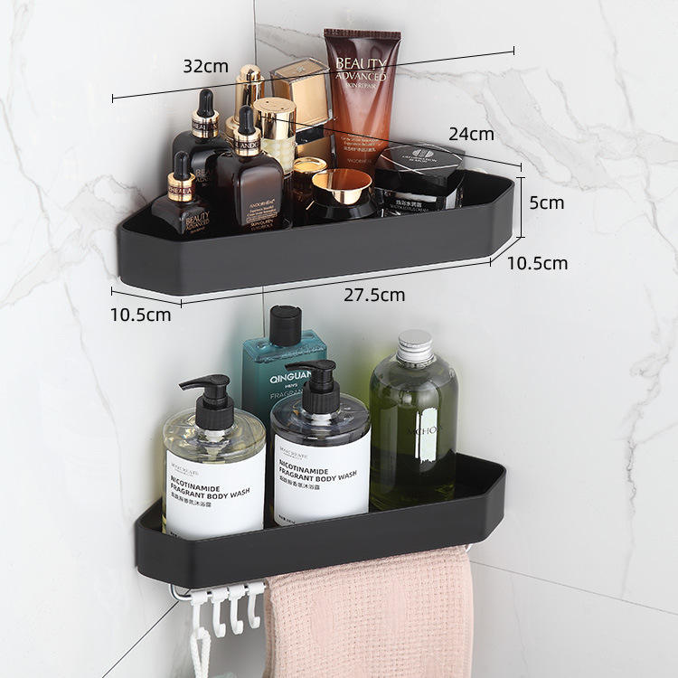 Aluminum Corner Shower Caddy, Bathroom Storage Shelf with Hooks, Triangular Wall Mounted Bathroom Rack