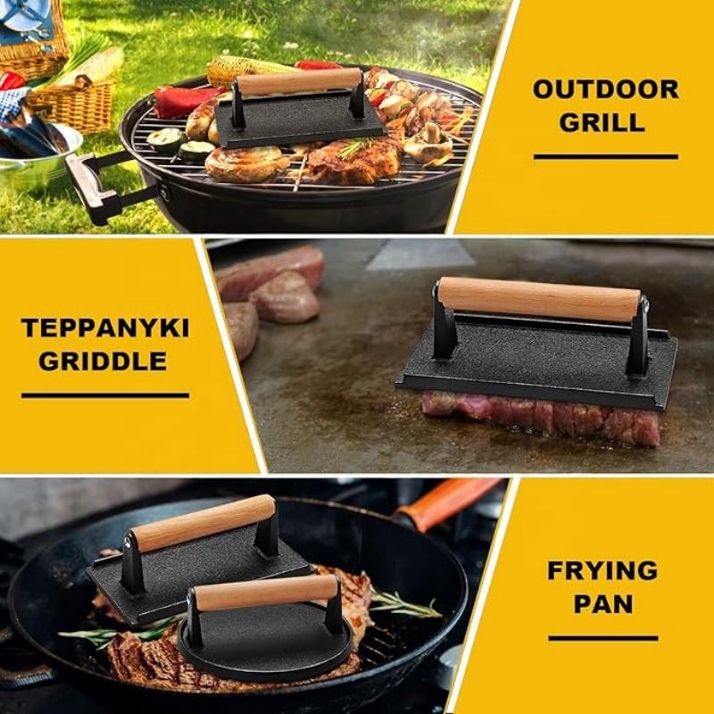 High-Performance 6.5'' Cast Iron Grill Press for Cooking Sandwiches with Teak Smash Burger Press