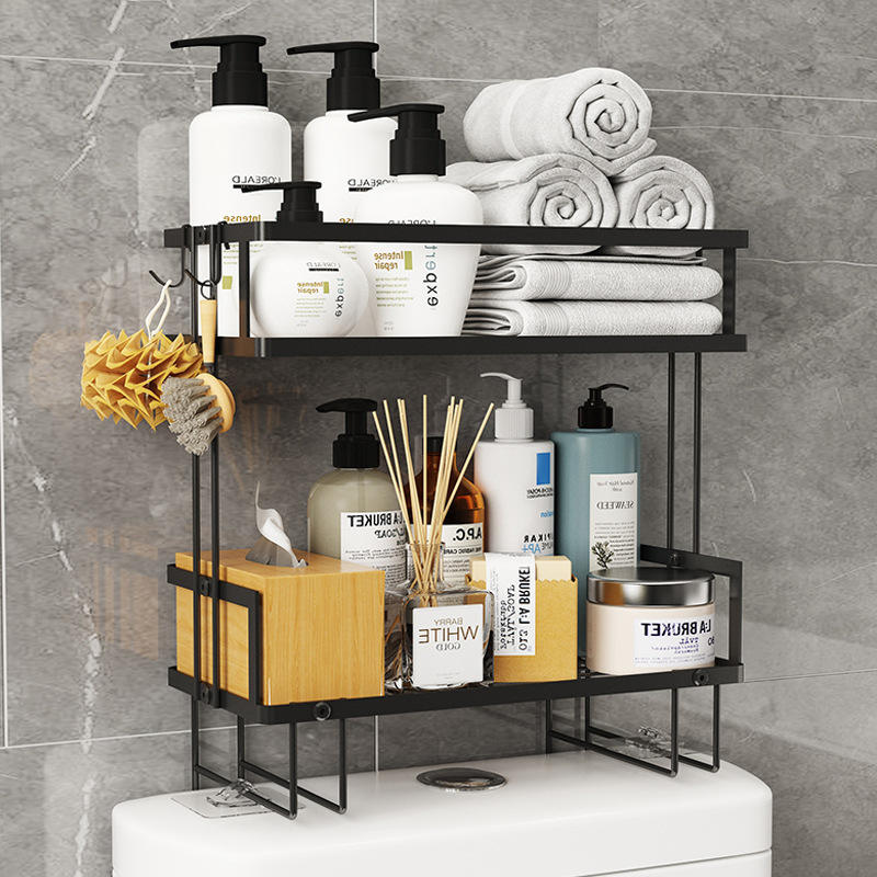 Self-Adhesive Bathroom Wall Shelf Above Toilet 2-tier Rack Space-saving Bathroom Shelves with Hooks
