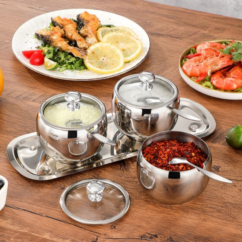 Stainless Steel Kitchen Spice Storage Bowls with Lid Spoon Herb Spice Tools Spice Holder Sugar Container Spice Organizer