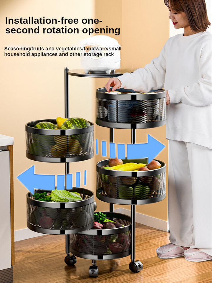 Rotating Utility Trolley Cart Kitchen Storage Rack Organizer with Wheels