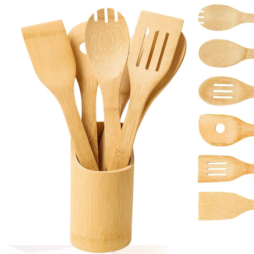 Durable Eco-Friendly Kitchen Utensil Set Made of Wood and Bamboo with Holder, Home Cooking Tools Set