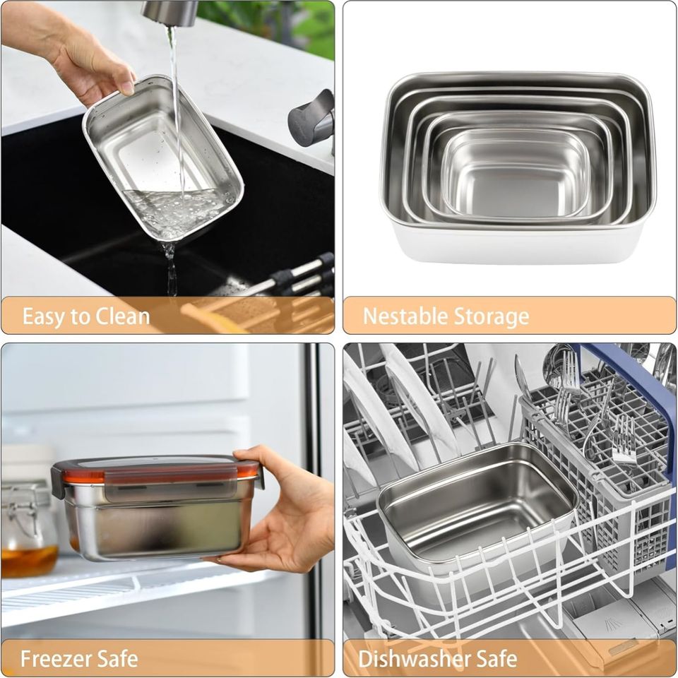 304 Stainless Steel Leak-proof Bread Storage Box Fresh Bento Container Transparent Lid Microwave-Safe 1/3/4 Pieces Multifunctional Food Storage