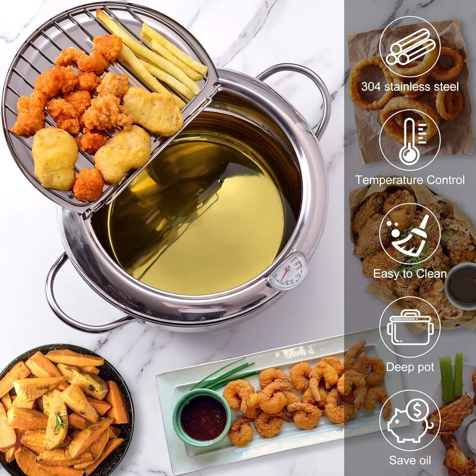 Multifunctional Stainless Steel Oil Fryer Pan with Thermometer 1-2L Capacity