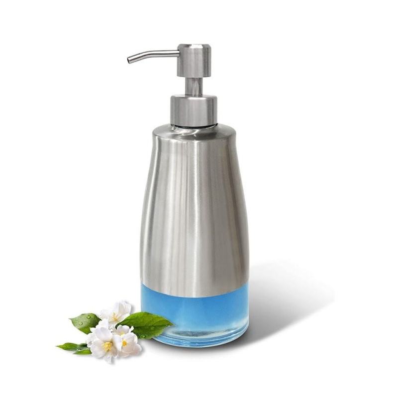 Stainless Steel Non-Slip Soap Dispenser with Glass Insert, Hand Pump for Kitchen/Bathroom - Refillable, 300 ml Capacity
