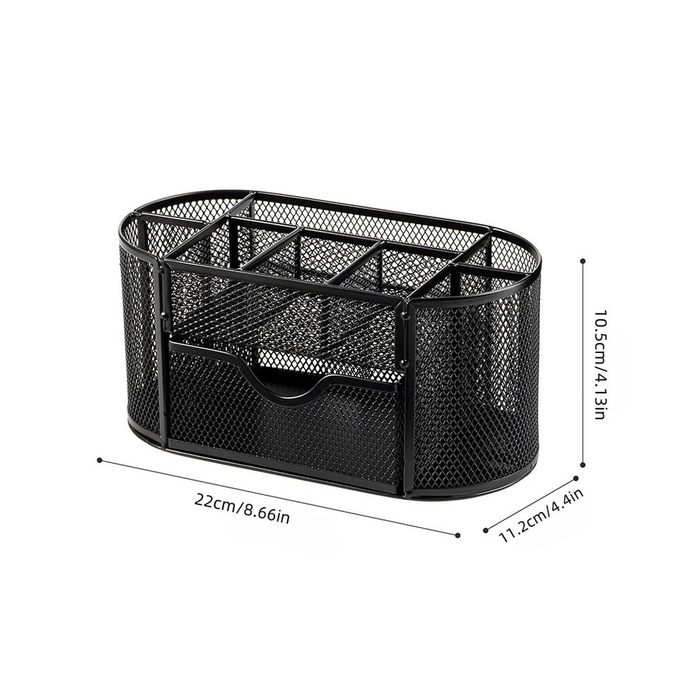 Creative Metal Desk Storage Box with Drawer and 9-Compartment Network Design Pen Holder