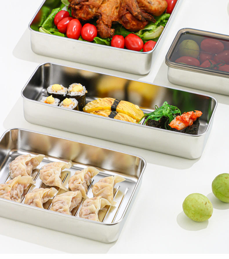 Stainless Steel 304 Kitchen Fresh-keeping Box Airtight Food Container with Transparent Lid Storage Box for Vegetables/Meat/Fruit