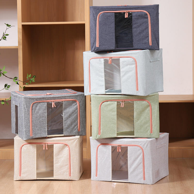 Large Capacity Foldable Fabric Storage Organizer Bag Waterproof Linen Steel Frame Closet Clothes Storage Box Set