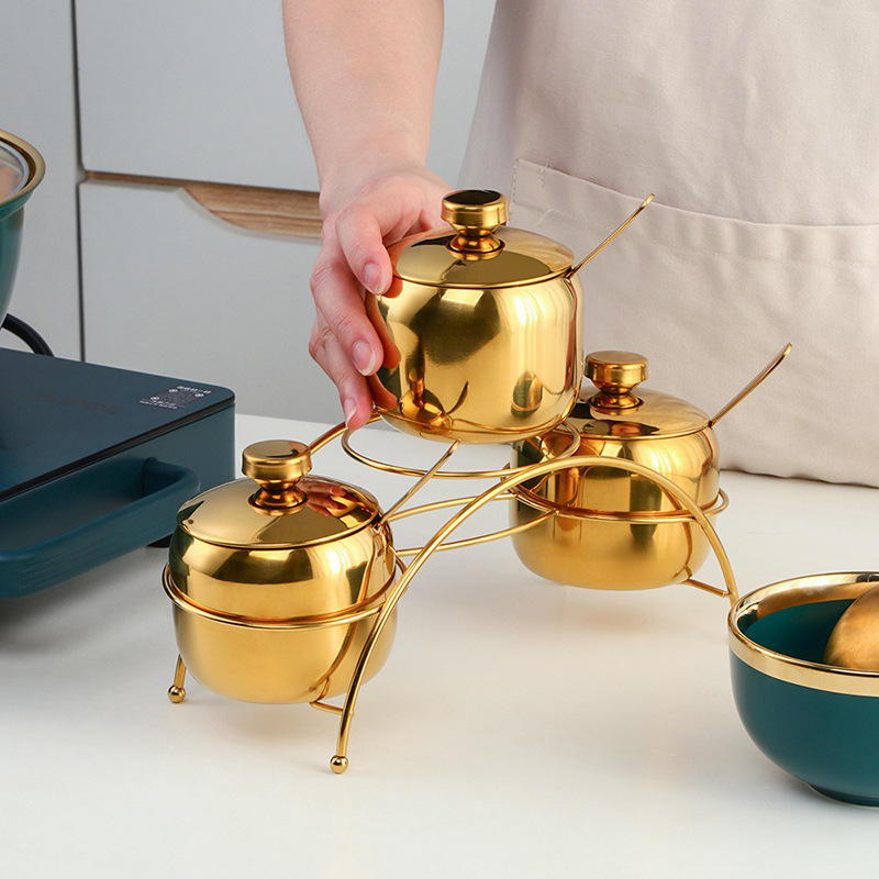 Luxurious Spice Cruet Bottle with Lid, Stainless Steel Spice Container with 3 Spoons Spice Rack