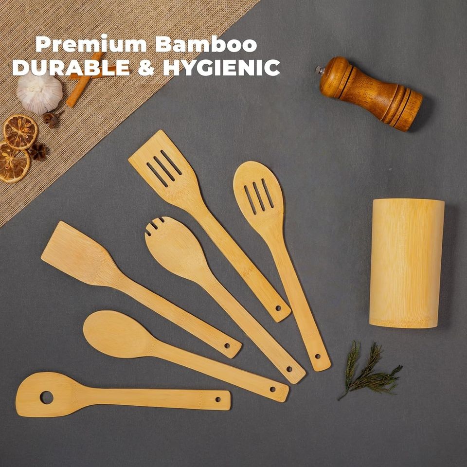 Durable Eco-Friendly Kitchen Utensil Set Made of Wood and Bamboo with Holder, Home Cooking Tools Set