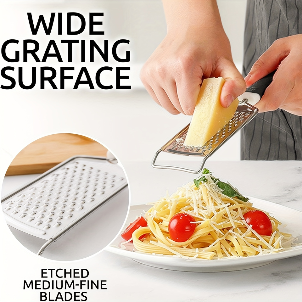 Professional Stainless Steel Kitchen Grater and Slicer with Lemon Zester, Handle, and Flat Grip – Multifunctional for Cheese and Chocolate
