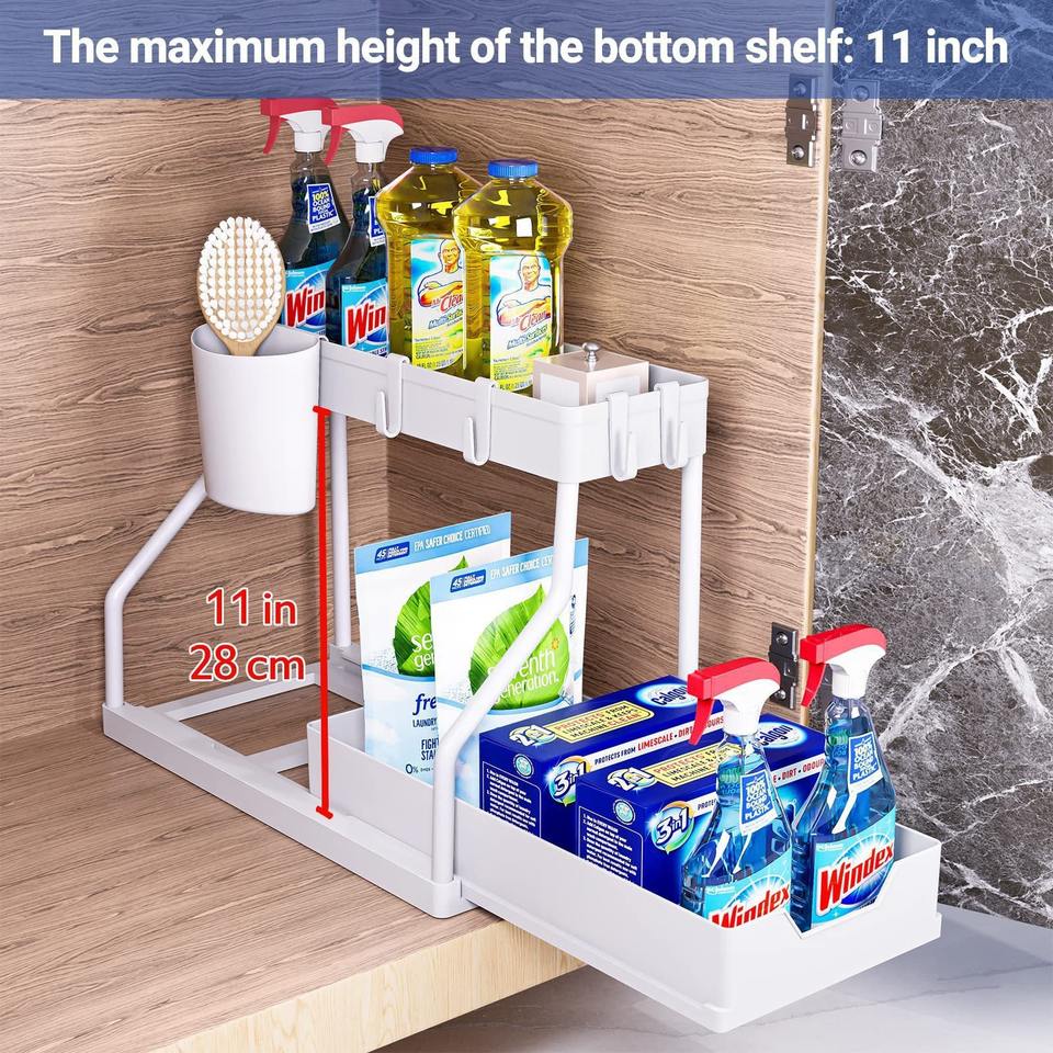 2-Layer Under-Sink Organizer with Extendable Kitchen Shelf and 4 Hooks Multifunctional Sink Storage for Bathroom, Under Kitchen Sink