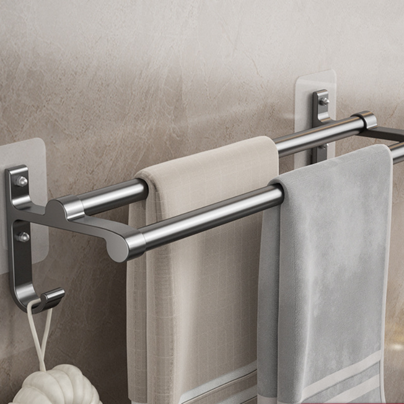 Modern Drill-Free Aluminum Double Rod Wall Towel Rack with Shelf for Bathroom and Toilet Bathroom Shelves