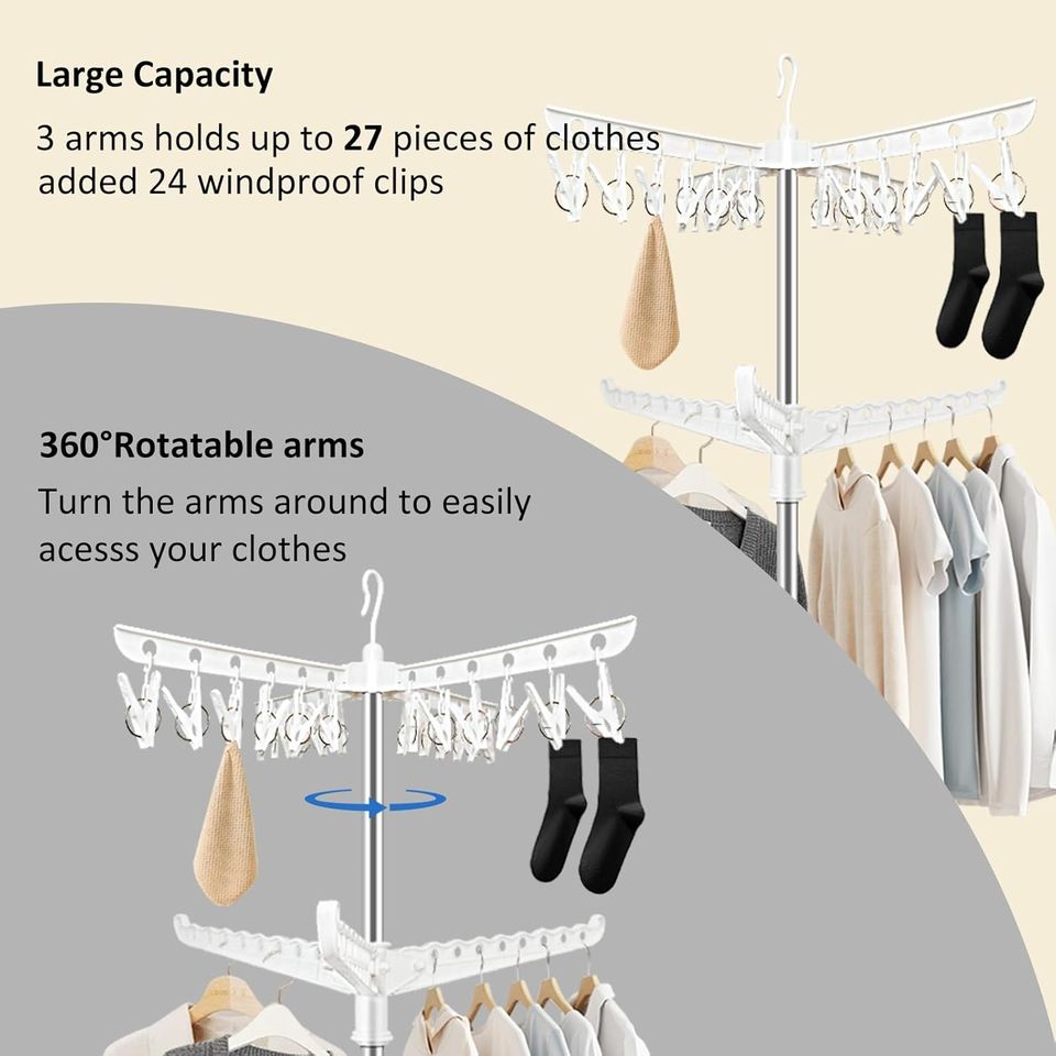 Foldable Multifunctional Laundry Dryer with Rotating Clothes Hanger Arms
