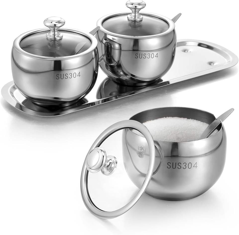Stainless Steel Kitchen Spice Storage Bowls with Lid Spoon Herb Spice Tools Spice Holder Sugar Container Spice Organizer