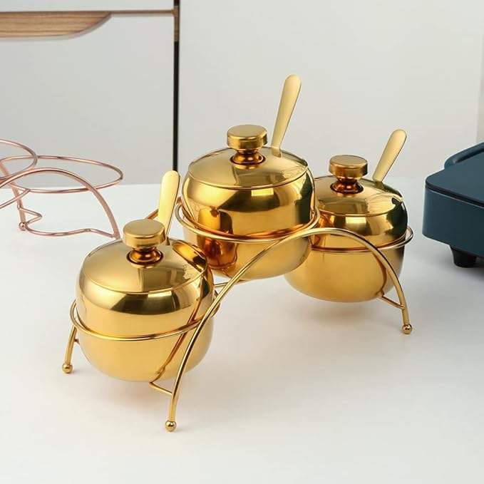 Luxurious Spice Cruet Bottle with Lid, Stainless Steel Spice Container with 3 Spoons Spice Rack