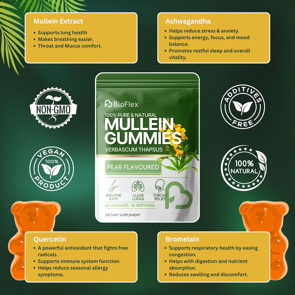 Bioflex 60 Count Bear Gummies Mullein Leaf Extract Dietary Supplement Sugar-Free Mullein Gummies for Lung Cleansing and Immune Support