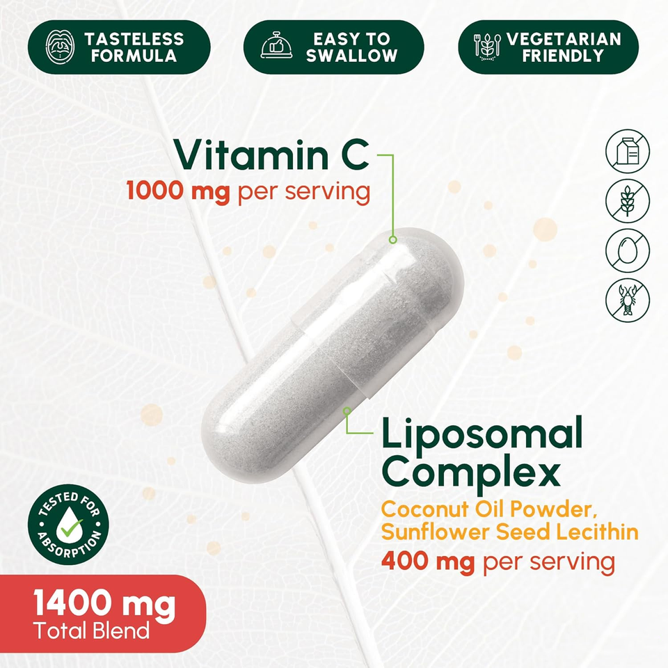 BioFlex Vegan Ascorbic Acid Vitamin C Capsules with Liposomal Complex for Immune and Joint Health Support