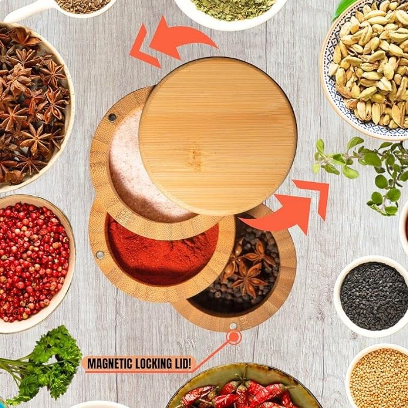 Bamboo Kitchen Salt and Pepper Organizer with Magnetic Swivel Lid for Storing Pepper Spices
