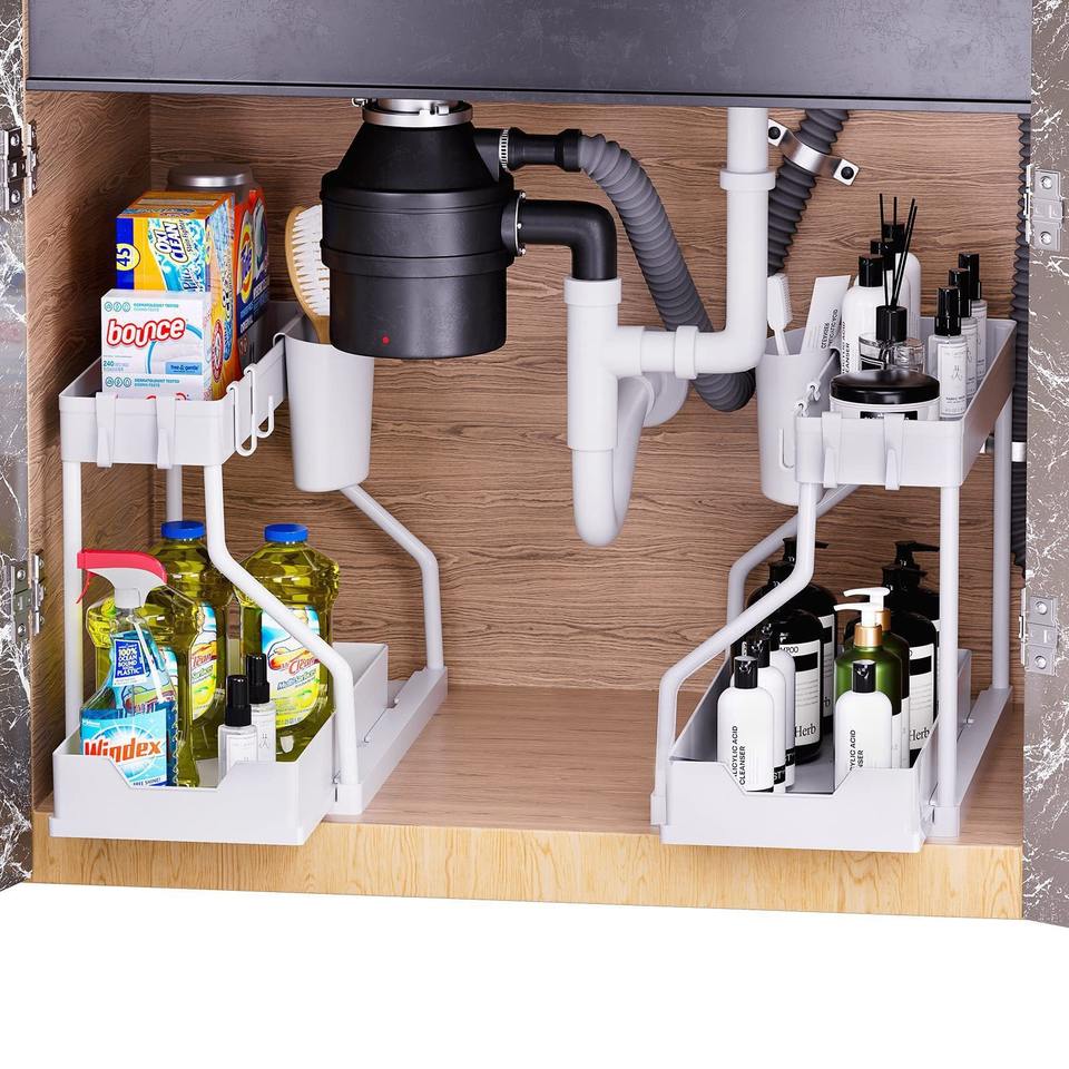 2-Layer Under-Sink Organizer with Extendable Kitchen Shelf and 4 Hooks Multifunctional Sink Storage for Bathroom, Under Kitchen Sink