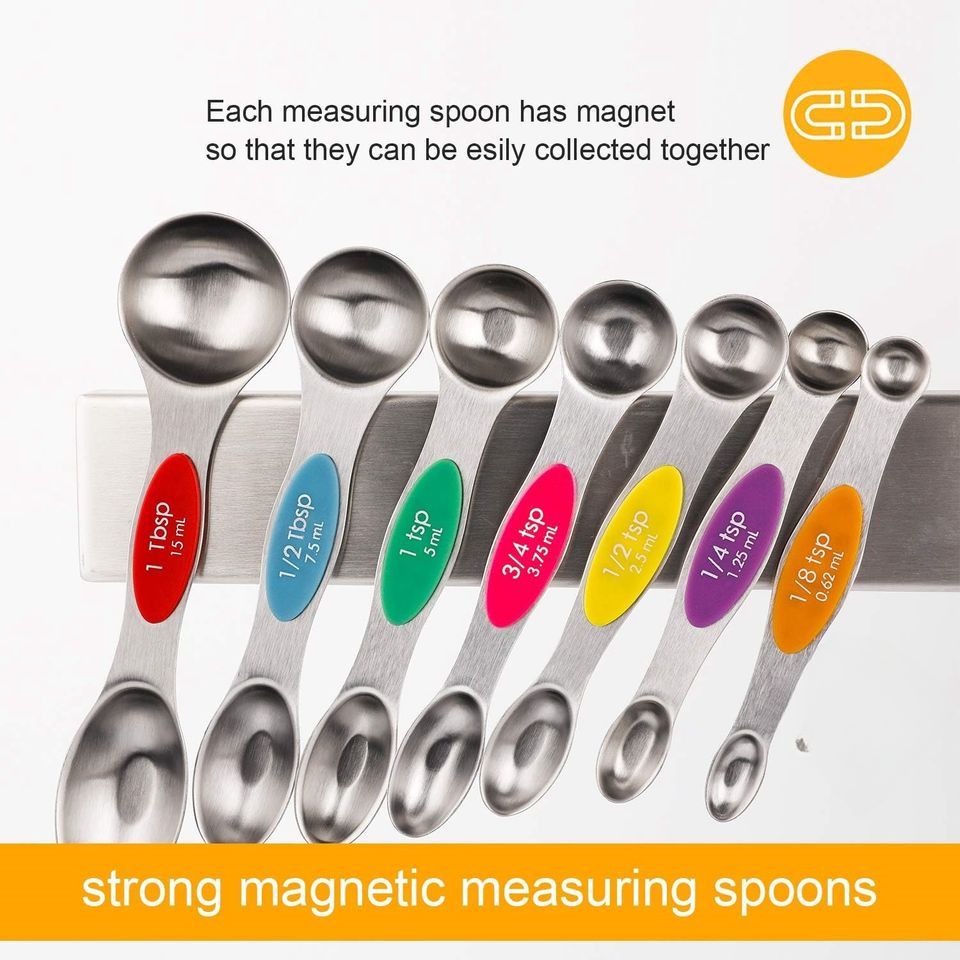 Stainless Steel Magnetic Stacked Measuring Spoons Set 7-Piece 2-Sided Spoons with 1 Leveler Double End Head Bakery Tools