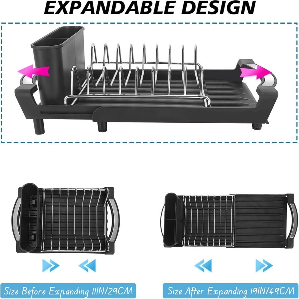 Adjustable Expandable Metal Dish Drying Rack with Non-Collapsible Single-Tier Kitchen Shelf Holder