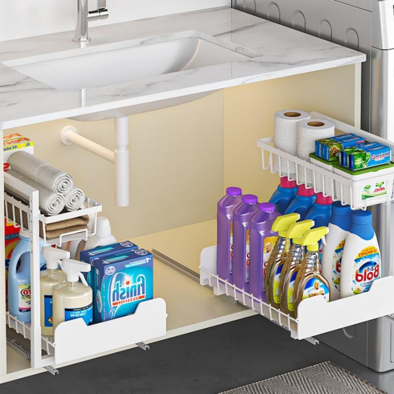 2-Tier Non-Perforated Metal Spice Rack Organizer Stand Storage Box for Kitchen Bathroom Pull-Out Spice Storage