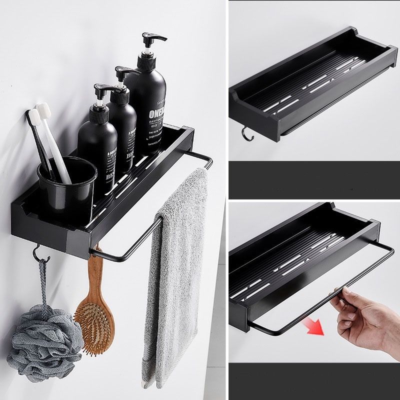 Bathroom Organizer Shelf with Hooks | Self-Adhesive Black Bathroom Storage Rack