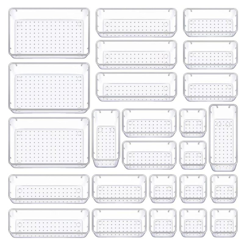 25-Piece Multifunctional Clear Organizer Set - Portable Drawer Organizer for Jewelry, Cosmetics, and Office Supplies