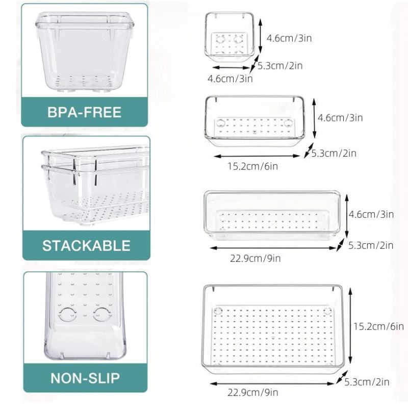 Clear Plastic Multi-Size Organizer Set for Desktop Drawers, Bathroom Vanity, and Dresser - Cosmetic Storage