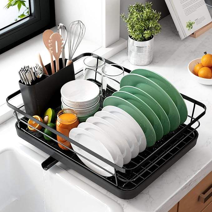 Space-Saving Dish Drying Rack for Kitchen Countertop and Sink with Utensil Holder