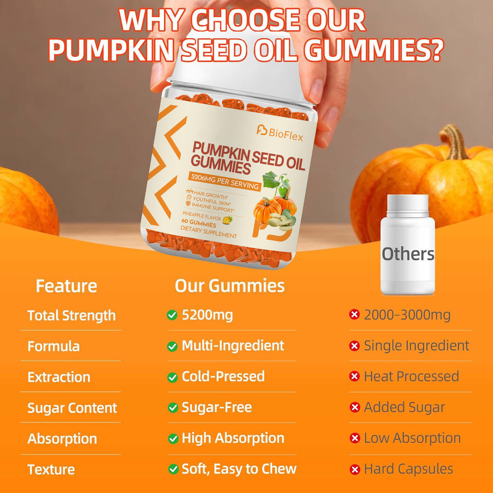 5200mg Cold-Pressed Pumpkin Seed Oil Extract Gummies with Biotin & Ashwagandha for Hair Growth, Prostate, and Skin Health