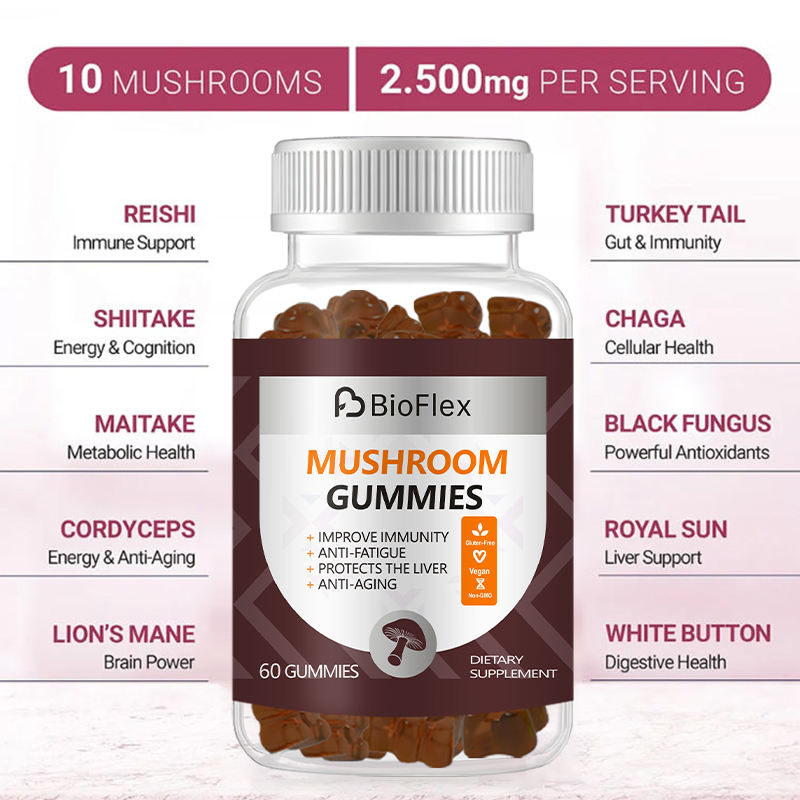 OEM Private Label 2500mg Bio Vegan Lion's Mane Reishi and Chaga 10 in 1 Super Mushroom Complex Extract Gummies Supplement