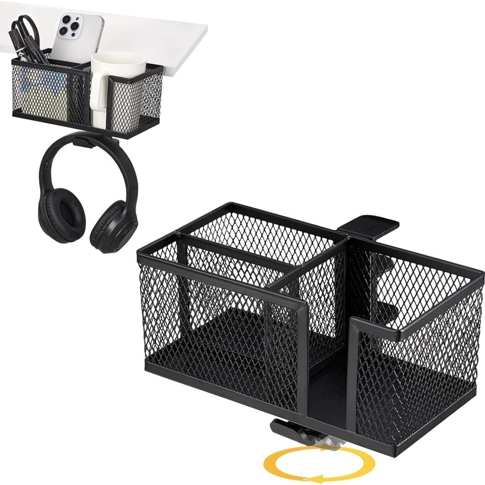 360° Rotating Headphone Stand Under Desk with Detachable Storage Box for Cup and Pen Holder and Drink Holder Desk Accessory