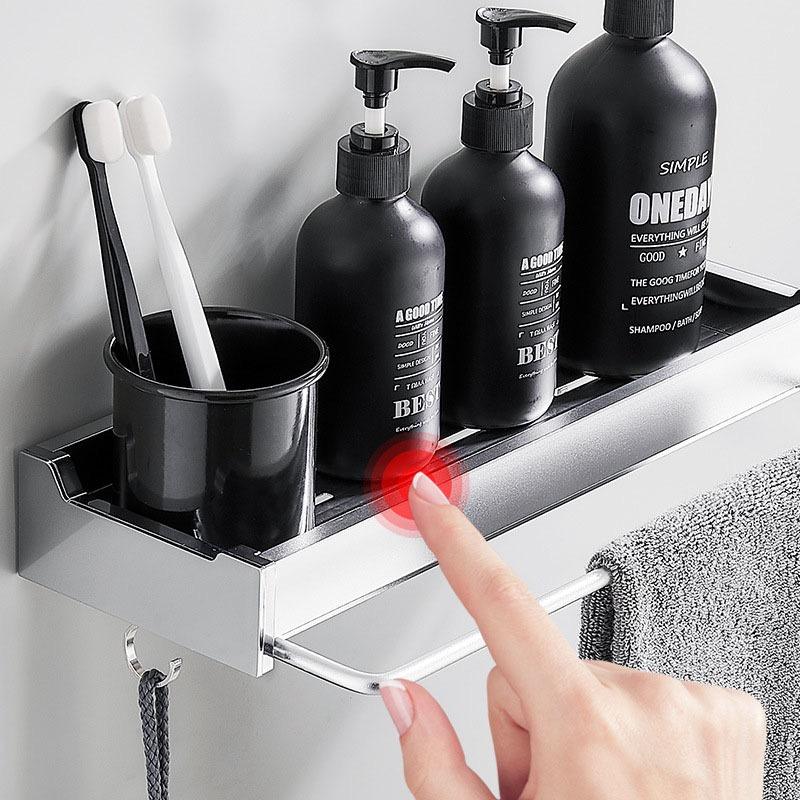 Bathroom Organizer Shelf with Hooks | Self-Adhesive Black Bathroom Storage Rack