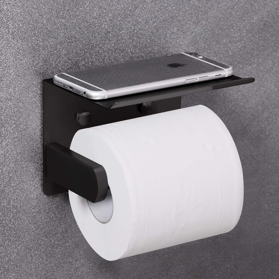 Modern Stainless Steel Wall-Mounted Toilet Paper Holder with Phone Shelf