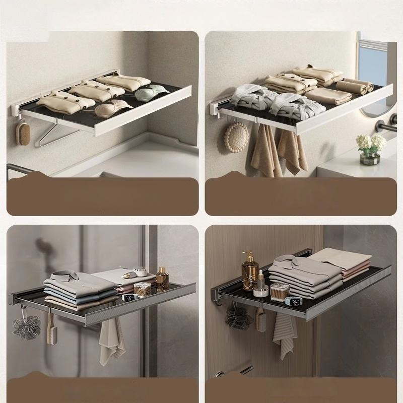 Foldable and Telescopic Bathroom Shelf No-Drill Storage Solution for Bathroom Clothing Invisible Towel and Bath Towel Storage Shelf