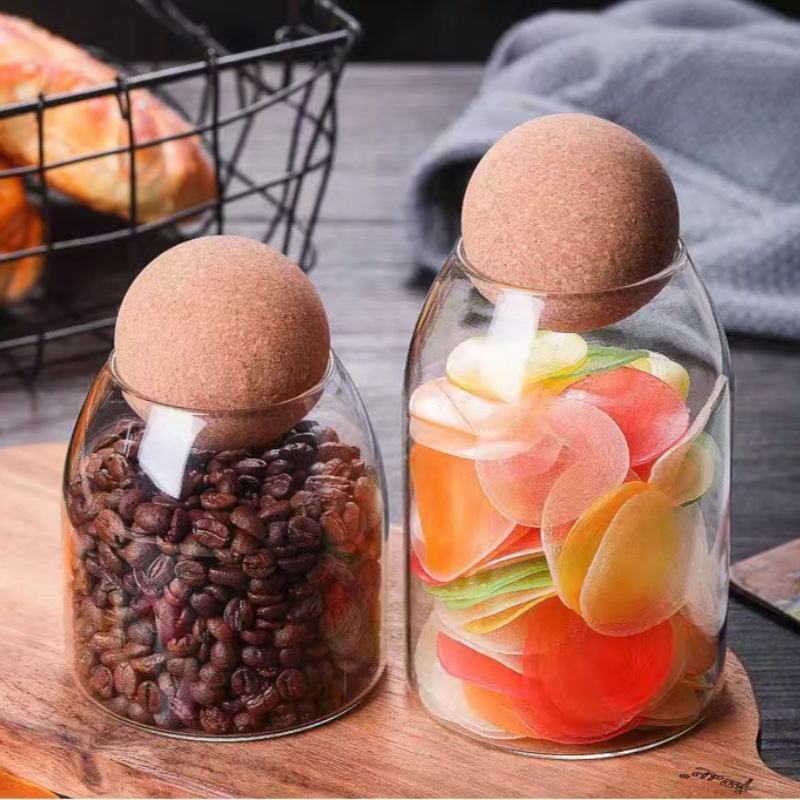 Round Cork Glass Storage Jars Set, Coffee Bean Canister, Kitchen Grain Storage Canister, Moisture-Resistant Storage Bottle